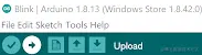 A screenshot of the top left of the Arduino IDE showing the download right arrow right below the top menu items second from the left and one to the right of the verify checkmark we used in the last step.