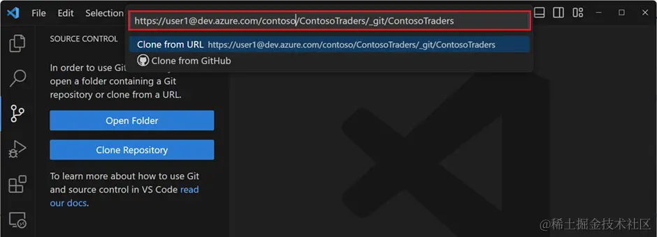 Screenshot of the Clone Repository quick prompt, searching for a repository by providing the repository URL