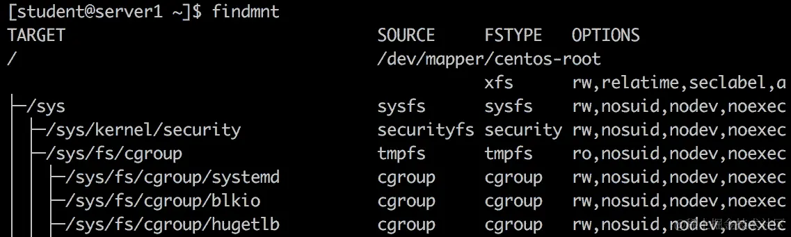 使用 findmnt 命令确定哪些目录是根文件系统本地的，哪些是挂载点。