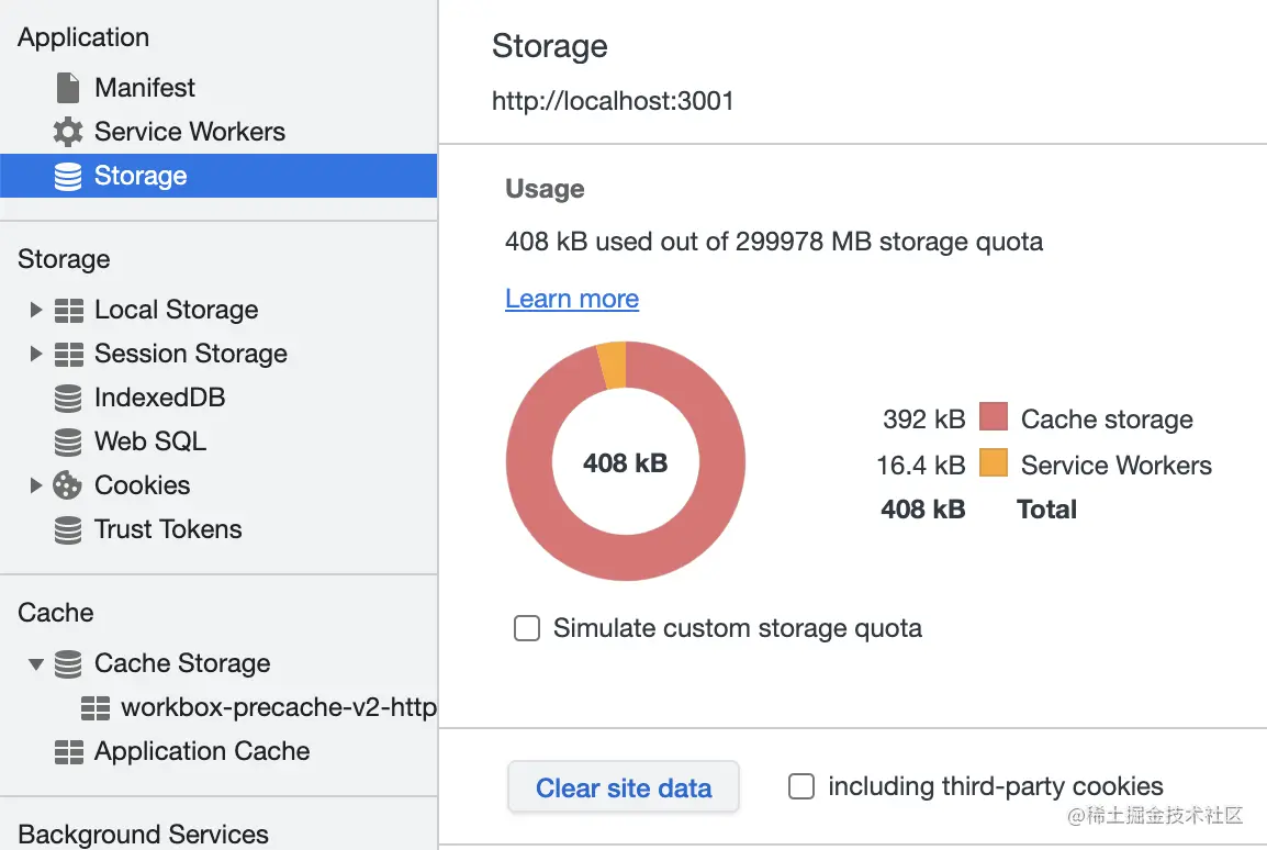 Screenshot showing the Storage panel of DevTools. The DevTools menu is a panel on the left and the app usage is displayed in a panel on the right, showing that 508 kilobytes of data total is used, where 392 kilobytes are cached and 16.4 are service workers. A button to clear site data is below the Usage stats with a deep blue label and a light gray background.