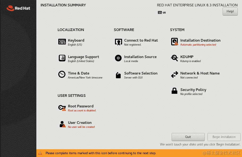 图 1.19 – RHEL8 安装菜单 – 主页