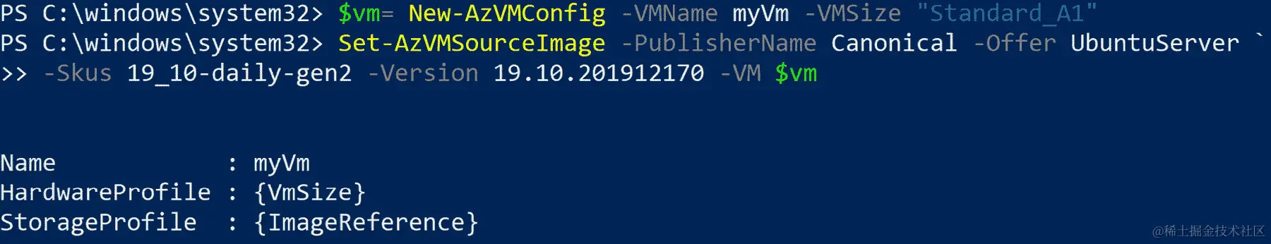 通过指示 Powershell 使用图像版本创建一个大小为 Standard_A1 的新虚拟机