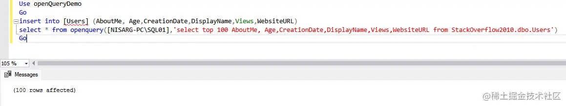 Data inserted in from remote SQL Server  to local table