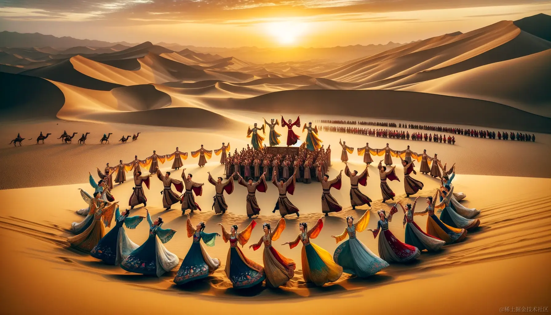 DALL·E 2023-12-19 11.02.25 - An open-air song and dance performance set in the majestic Dunhuang desert, China. The scene depicts a group of performers, both men and women, dresse.png