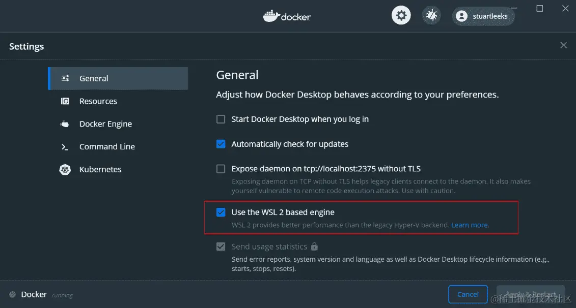 图 7.1 - Docker 设置的屏幕截图显示 WSL 2 选项