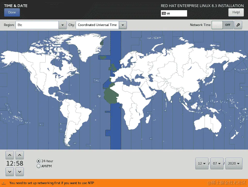 图 1.28 – RHEL8 安装 – 时间和日期选择对话框 – 选择 UTC