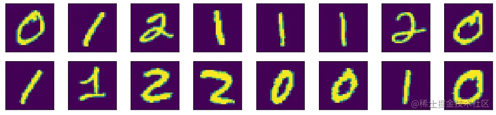 First 16 images of the training dataset displayed in 2 rows and 8 columns