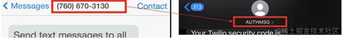 Two SMS conversations side-by-side. The SMS on the left originate from a phone number and the conversation on the right originates from an Alphanumeric Sender ID "AUTHMSG"