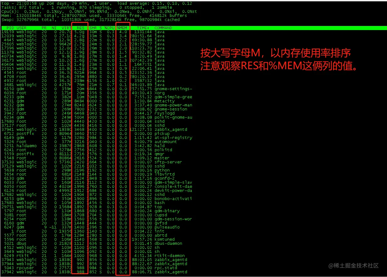 以内存使用率排序