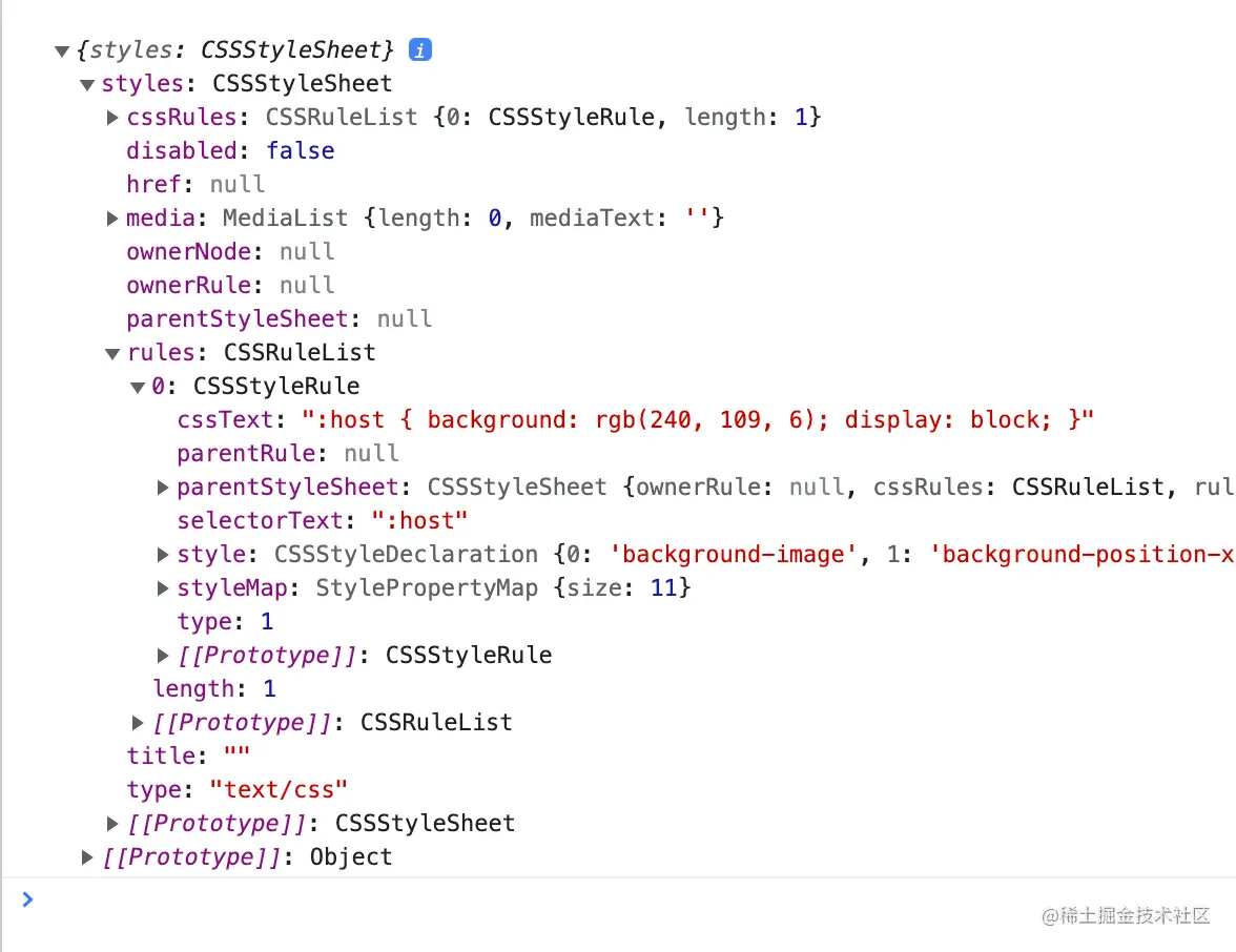 Showing a styles tree with nodes for CSS rules, media, rules, and prototype.