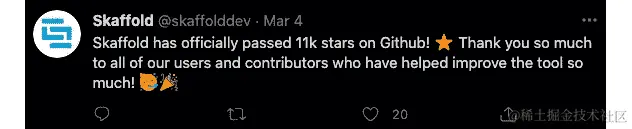 图 3.1 – Skaffold Twitter 账号在 GitHub 上通过 11k 星标推文