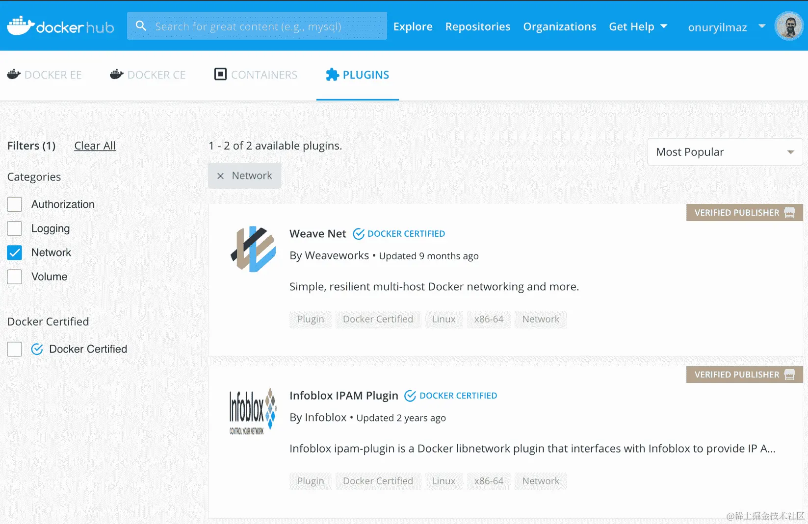 图 15.5：Docker Hub 中的网络插件