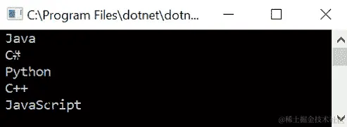 图 3.3 - 使用 foreach 语句将字符串数组的内容打印到控制台的输出