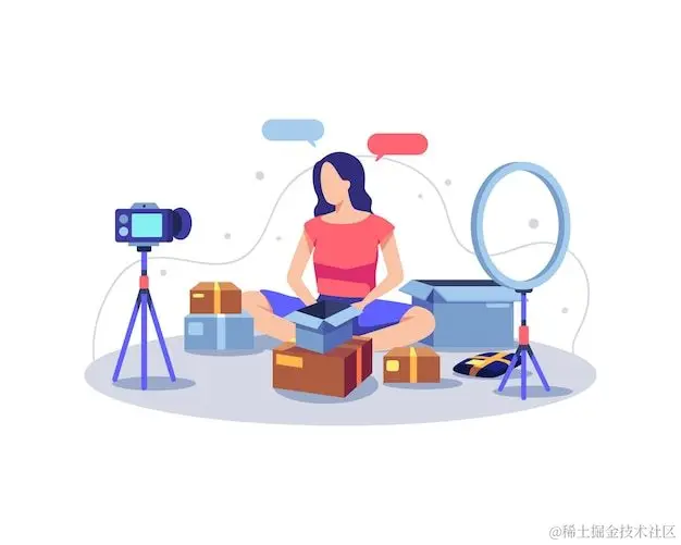 Vector content creator product review illustration. female vlogger unboxing and review a product live on internet. vector illustration in a flat style