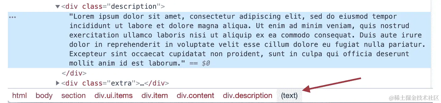 图 1.32：在元素选项卡中选择的文本节点