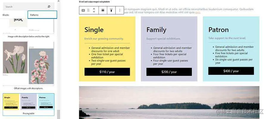 Adding a WordPress block pattern to a page.