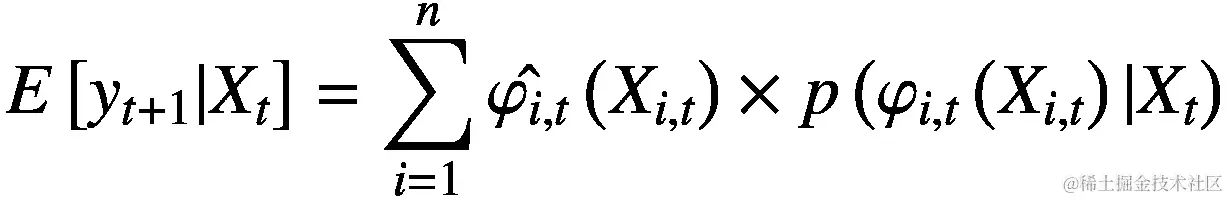E\left[{y}_{t+1}|{X}_t\right]=\sum \limits_{i=1}^n\hat{\varphi_{i,t}}\left({X}_{i,t}\right)\times p\left({\varphi}_{i,t}\left({X}_{i,t}\right)|{X}_t\right)