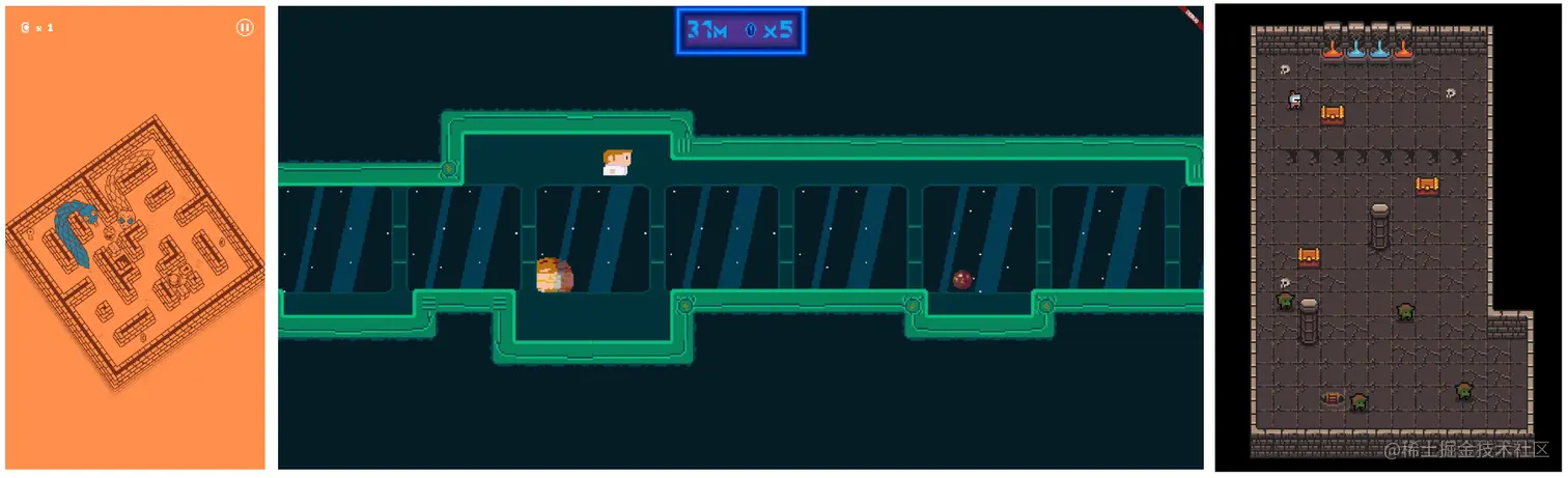 三款使用 Flame 构建的游戏示例：Tomb Toad、Gravity Runner 和 Bonfire