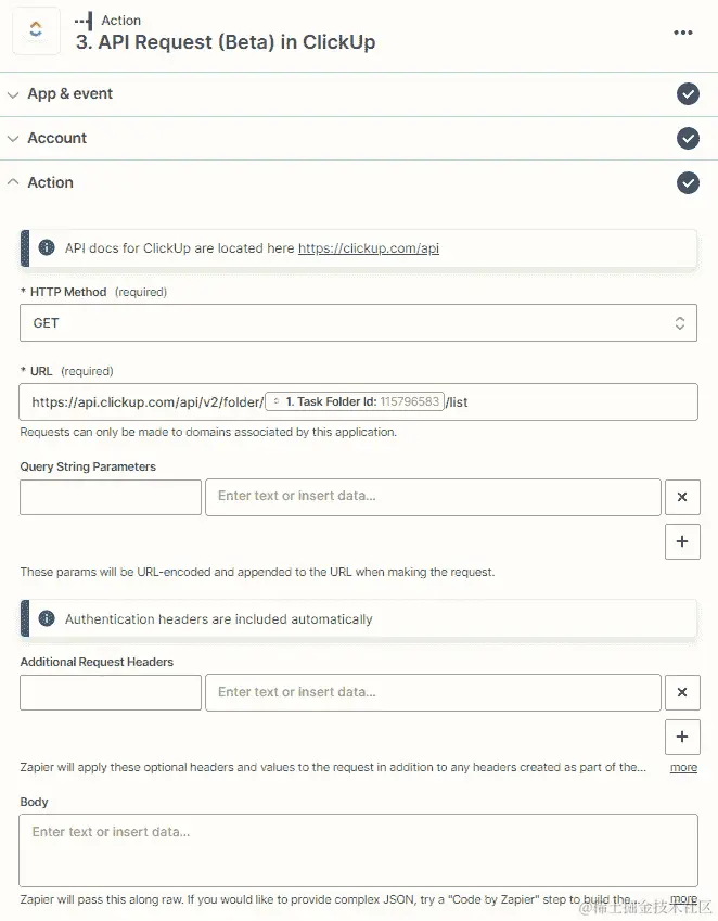 图 11.6 – 在 ClickUp 文件夹中检索所有列表的 API 请求操作（Beta）的概述