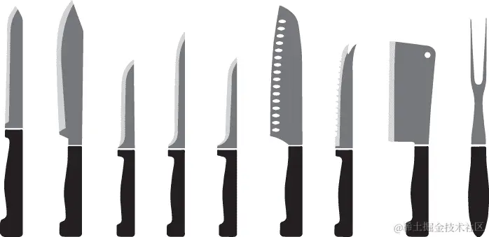 一排不同形状和重量的刀具的插图。每把刀都有不同的用途。