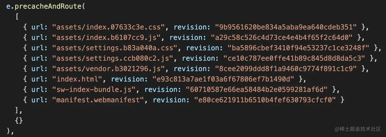 A dark mode screenshot showing a list of eight asset urls inside of a precacheAndRoute function.