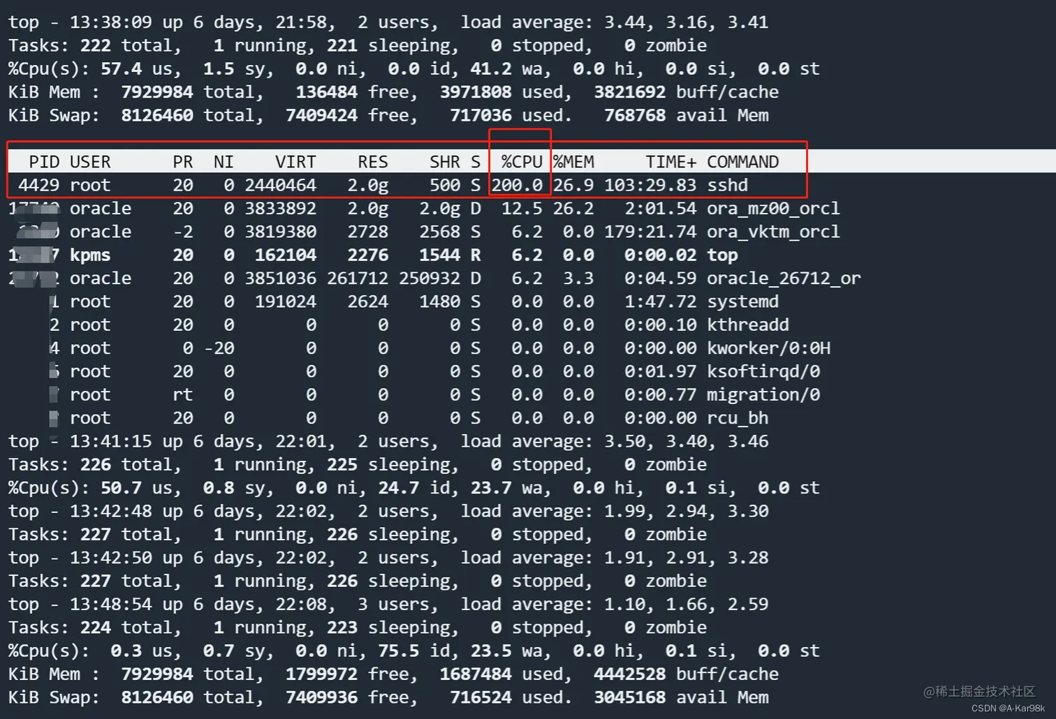 直接被sshd拉满200%的使用率