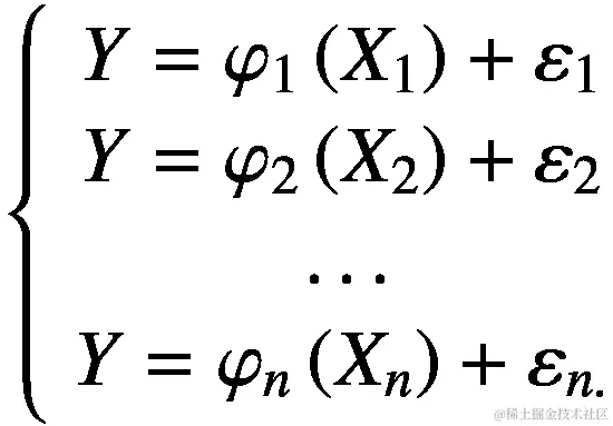 \left\{\begin{array}{c}Y={\varphi}_1\left({X}_1\right)+{\varepsilon}_1\\ {}Y={\varphi}_2\left({X}_2\right)+{\varepsilon}_2\\ {}\dots \\ {}Y={\varphi}_n\left({X}_n\right)+{\varepsilon}_{n.}\end{array}\right.