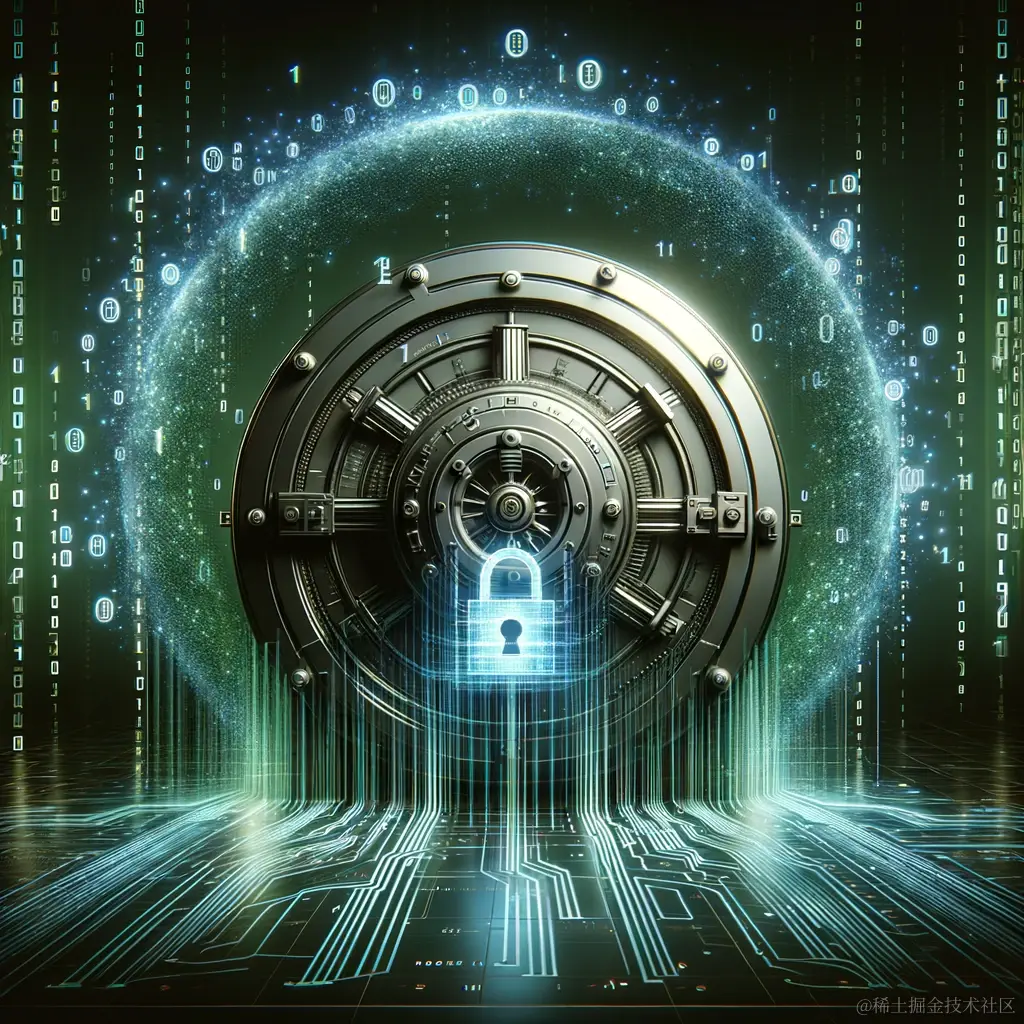 DALL·E 2023-12-29 22.11.48 - a digital illustration of an abstract, secure vault with streams of binary code and cryptographic symbols flowing into it. The vault is a large, sturd.png
