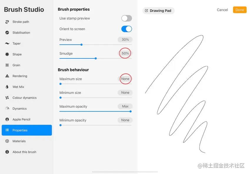 screenshot of the Properties menu with various values circled in red