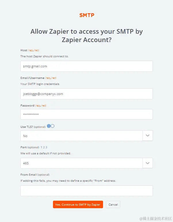 图 8.7 - 设置 SMTP by Zapier 应用程序