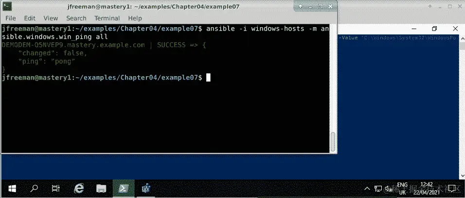 图 4.11 - 使用 SSH 作为传输机制测试 Windows 上的 Ansible 集成