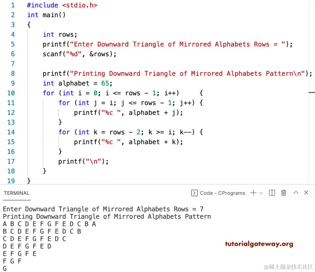 C Program to Print Downward Triangle Mirrored Alphabets Pattern