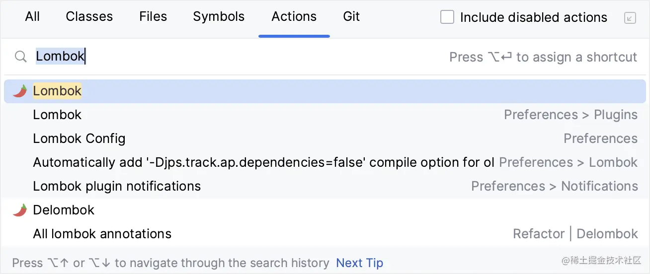 Lombok action in Find Action dialog