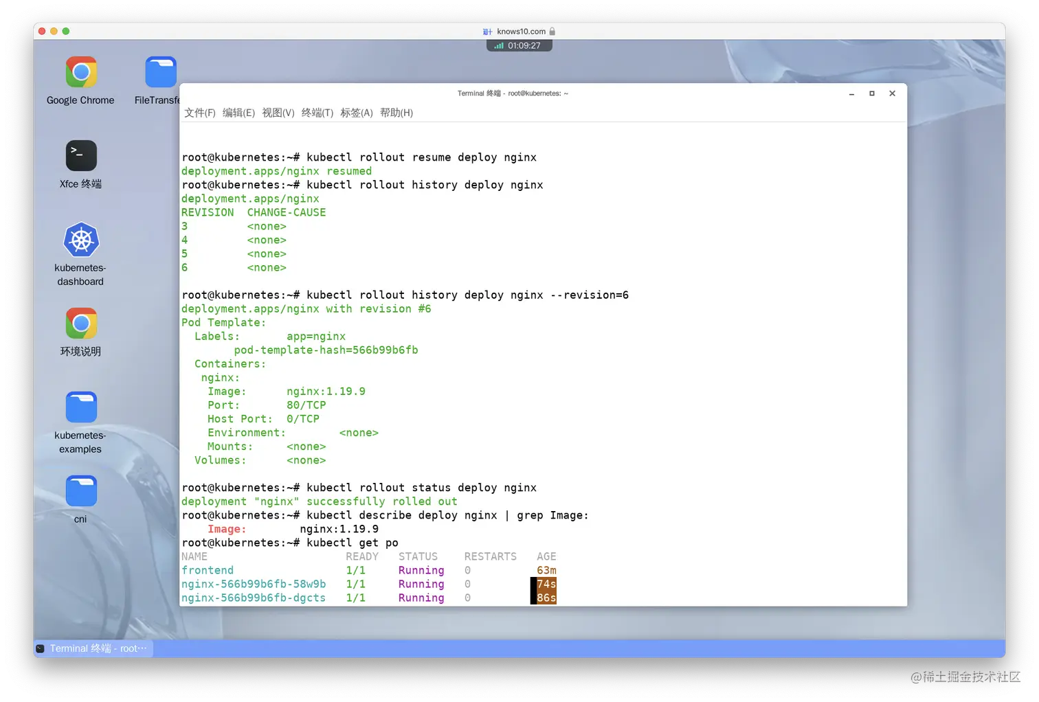 Resume the rollout and check that the nginx:1.19.9 image has been applied.