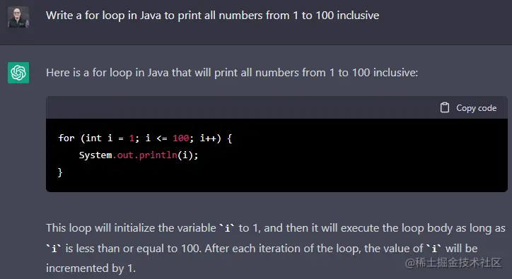 ChatGPT generating a for loop in Java and explaining it