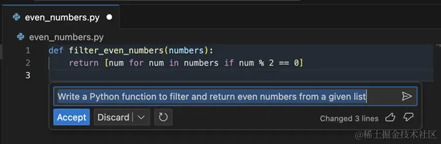 使用 Python 提示符进行 Copilot 聊天的屏幕截图。