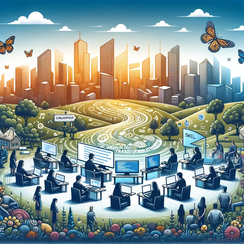 DALL·E 2024-01-22 20.46.14 - An illustration showing a landscape of a futuristic city representing technology transformation, with a foreground of diverse programmers working, lea.png