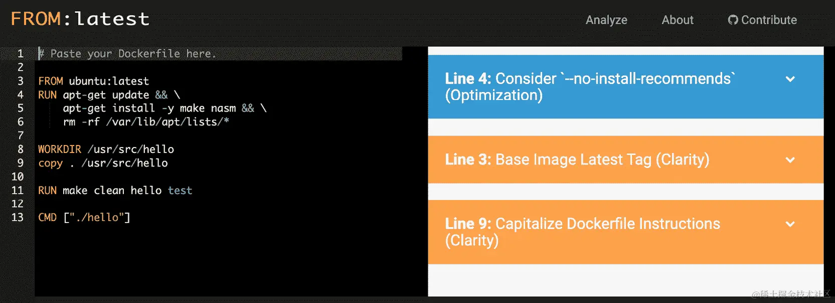 图 12.1：FROM:latest 网站的截图，显示输入了一个示例 Dockerfile