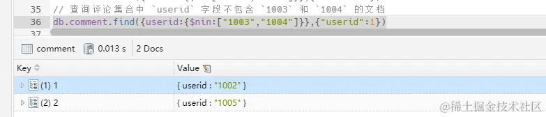 查询评论集合中 userid 字段不包含 1003 和 1004 的文档