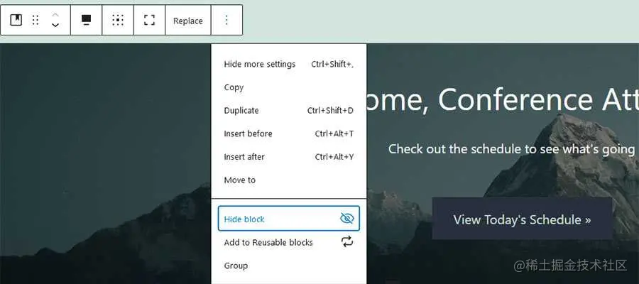 Hiding a block within the Gutenberg block editor.