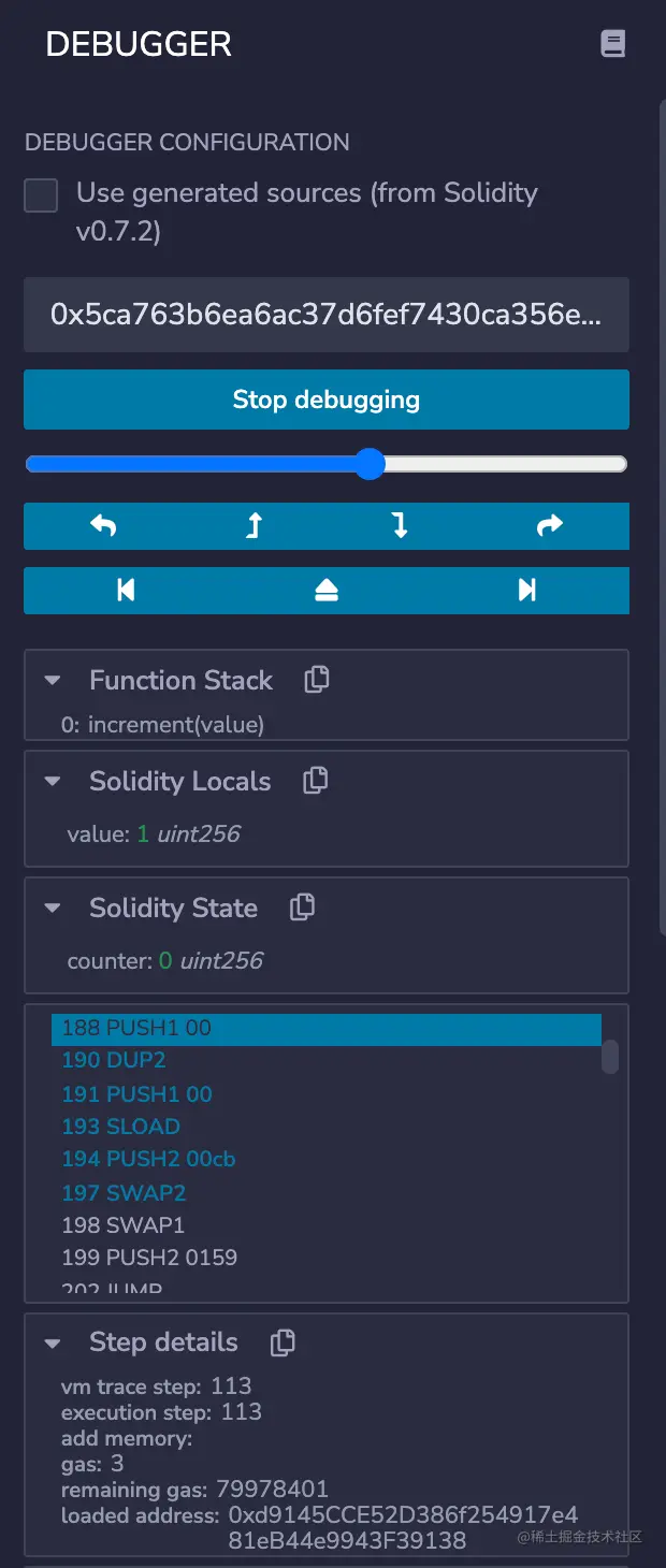 Solidity debugger panel