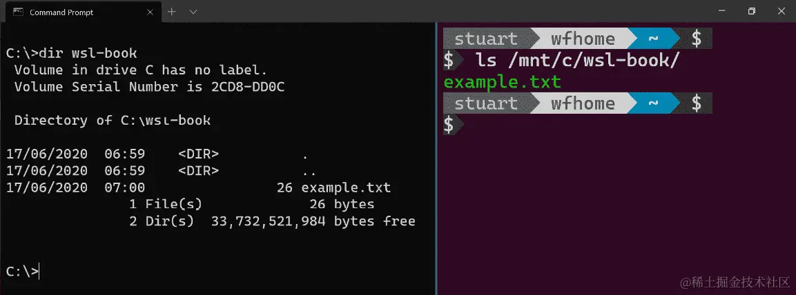 图 5.1 - 屏幕截图显示了从 Windows 和 WSL 列出文件夹内容