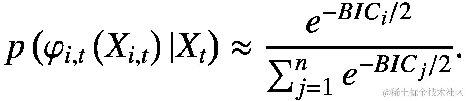 p\left({\varphi}_{i,t}\left({X}_{i,t}\right)|{X}_t\right)\approx \frac{e^{-{BIC}_i/2}}{\sum_{j=1}^n{e}^{-{BIC}_j/2}}.