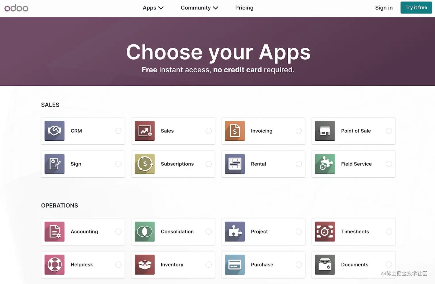 图1.2 – Odoo SaaS试用数据库的初始应用选取