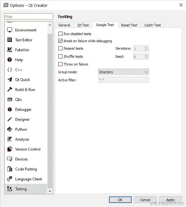 图 9.10 - 选项菜单下测试部分中的 Google 测试选项卡