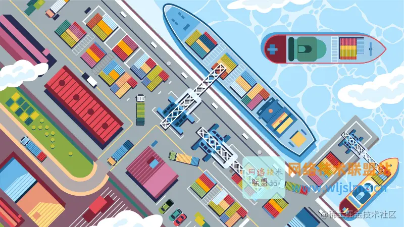 一个港口的多艘船，每艘船都装载着集装箱