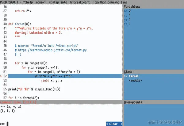 一个 pudb 会话示例