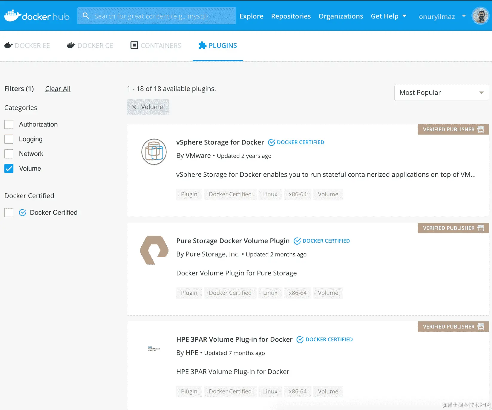 图 15.13：Docker Hub 上的卷插件