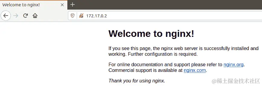 图 6.3：通过 IP 地址访问 NGINX Web 服务器容器默认的 Docker 桥接网络